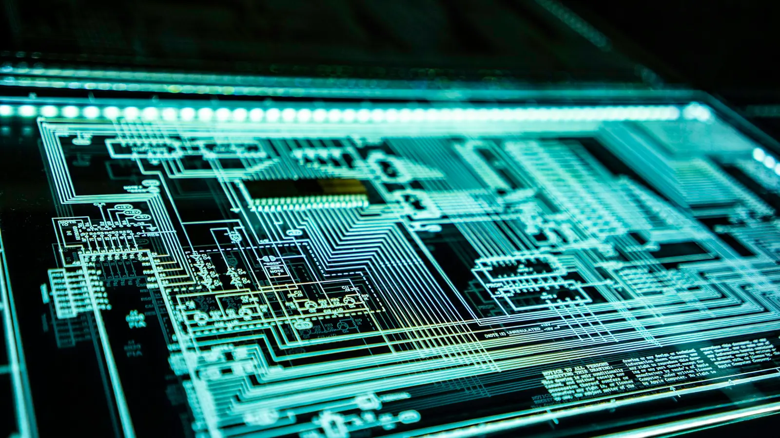 Glowing teal circuit panel representing AI and cybersecurity