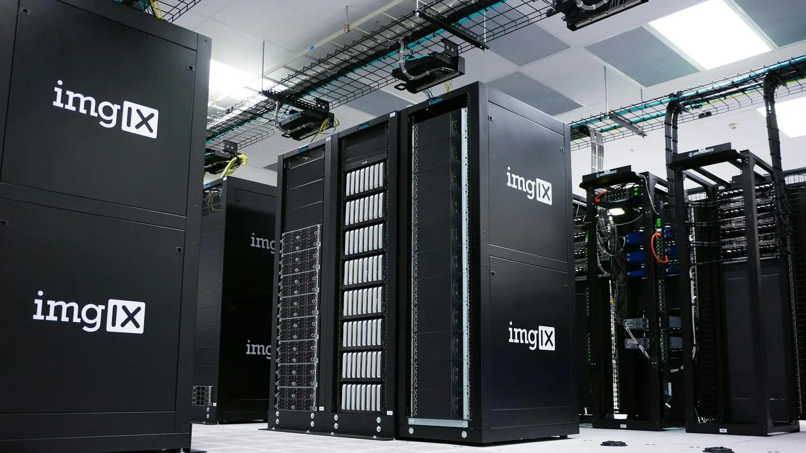 Rows of server racks inside a data center